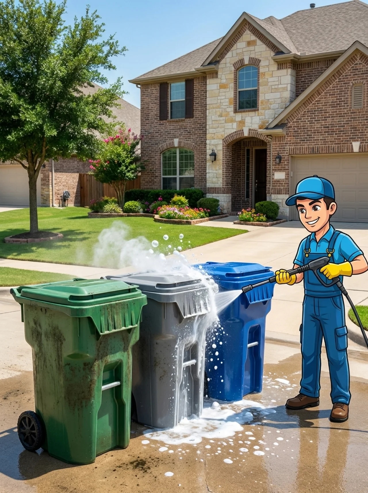 Illustration of the Perez Pro Clean mascot pressure washing three trash bins clean