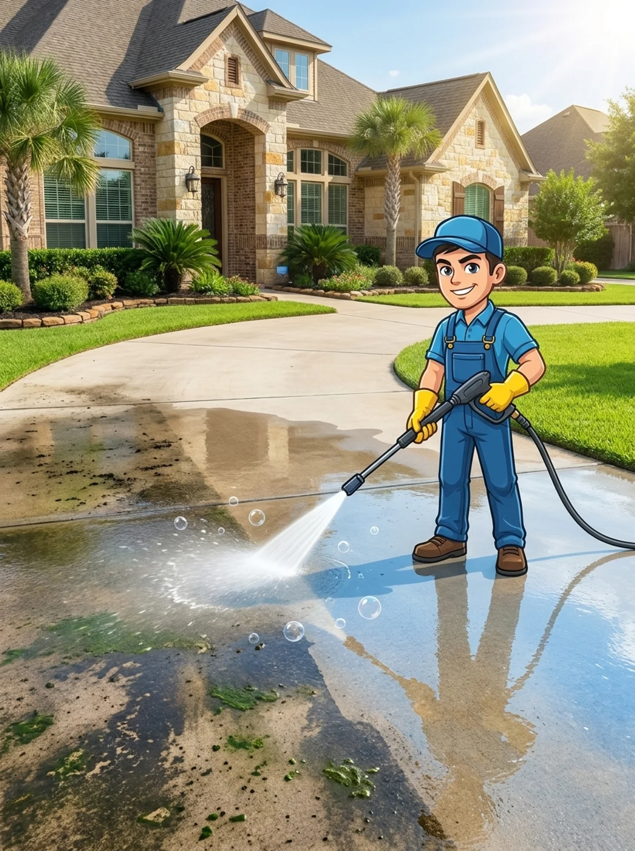 Illustration of the Perez Pro Clean mascot pressure washing a driveway in front of a Texas home